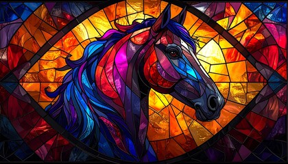 Majestic horse head portrait in bright vibrant colors stained glass style artistic mosaic artwork illuminated by orange and yellow light chinese new year. shio horse