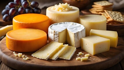 A gourmet cheese board featuring a variety of fine cheeses, grapes, and crackers
