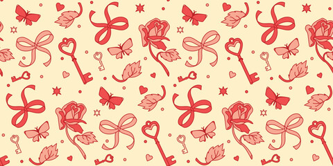 A coquette core aesthetic seamless pattern with roses, butterflies, keys, and bows in cream, scarlet, and pink. A romantic background for Valentine's Day or romantic designs