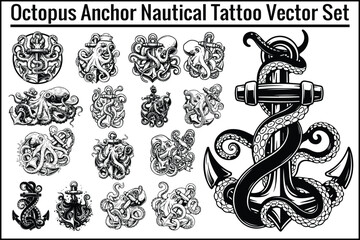 Octopus Anchor Nautical Tattoo Vector Set