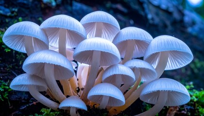 A cluster of ethereal white mushrooms with delicate gills emerges from a mossy forest floor, radiating light