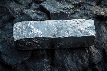 Shiny metallic bar rests on dark rocky surface, showcasing indus