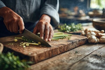 Fresh lemongrass being chopped on rustic wooden board, showcasin