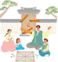 Korean Family Enjoying Traditional Games at Hanok