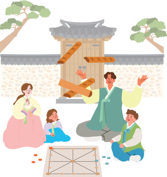 Korean Family Enjoying Traditional Games at Hanok