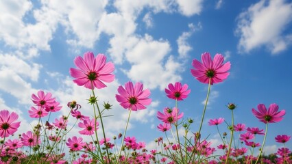 Field of vibrant pink cosmos flowers blooming against a bright blue sky with white clouds flower field