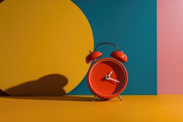 Bright orange alarm clock stands against vibrant geometric backdrop, highlighting bold colors