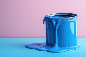 Dripping blue paint contrasts with soft pastel background, showc