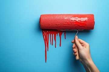 Hand holding paint roller with vibrant red color, drips on blue