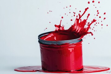 Vibrant red paint splashes dramatically from an open container,
