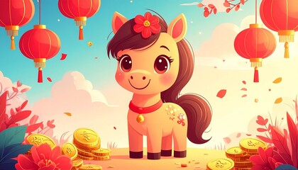 Adorable cartoon horse mascot celebrates the Chinese New Year among vibrant red lanterns and stacks of golden fortune coins chinese new year. shio horse
