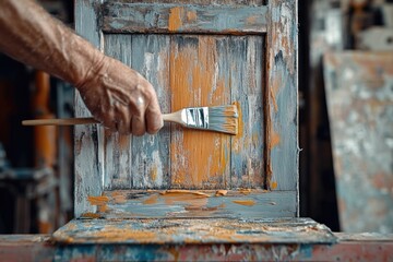 Hand applying vibrant orange paint to weathered wooden surface,