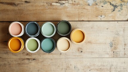 Colorful paint cans arranged on wooden surface, showcasing diver