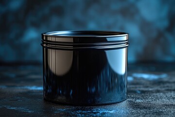 Sleek black paint container shines under dramatic lighting, enha