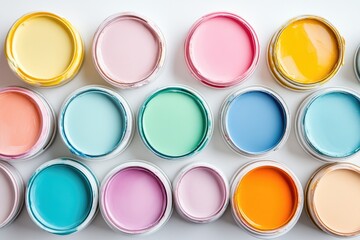 Colorful paint cans arranged neatly showcase various hues for ar