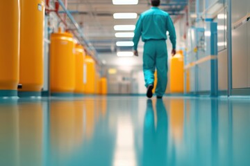 Walking figure in corridor surrounded by vibrant yellow containe