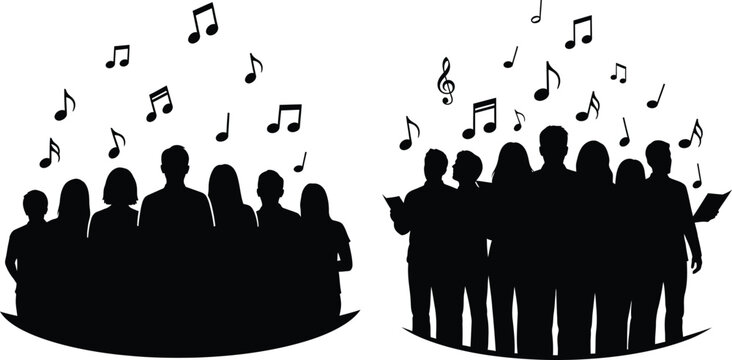 Silhouette illustration of a choir group standing and singing under scattered music notes