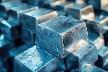 Shimmering metallic blocks stacked intricately, showcasing indus
