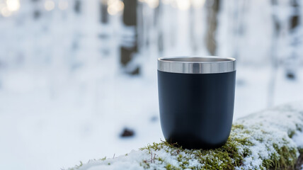 Black insulated cup on mossy log in winter forest setting  