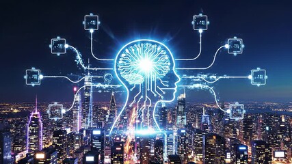 Artificial intelligence brain with neural network connections overlaying illuminated urban skyline at night. Digital circuit patterns branch from central processor to distributed computing nodes. - Powered by Adobe