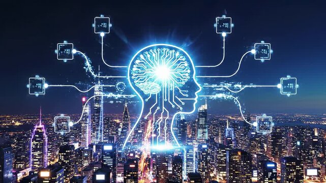 Artificial intelligence brain with neural network connections overlaying illuminated urban skyline at night. Digital circuit patterns branch from central processor to distributed computing nodes.