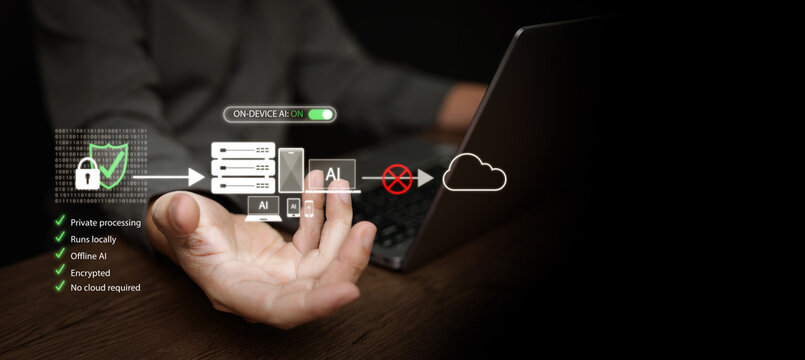 On-device AI system running offline with secure private processing, encrypted data, no cloud required. Privacy tech, cybersecurity, local artificial intelligence. Man with laptop uses embedded Ai.