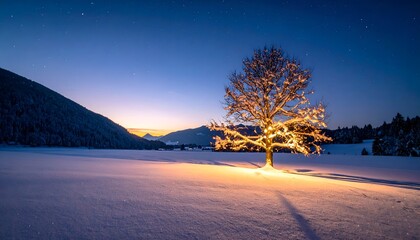 A solitary tree adorned with lights stands in a snowy landscape under a clear twilight sky
