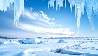 A serene winter landscape featuring blue ice formations and icicles hanging from a rocky edge under a clear sky