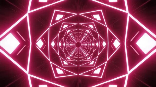 Vibrant pink neon geometric pattern with symmetrical shapes and lines forming a tunnel