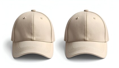Two identical beige baseball caps displayed side by side, showcasing their smooth fabric and structured brims