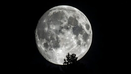 Obraz premium A luminous full moon peeking over a dark silhouette of tree branches against a black night sky