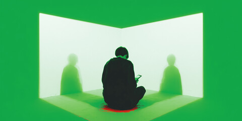 A solitary figure sits in contemplation with two ghostly silhouettes, bathed in an ethereal green light. A scene that evokes introspection and mystery. 