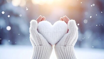Fototapeta premium A young woman holds a red heart in her hand against a snow-covered winter sky. 