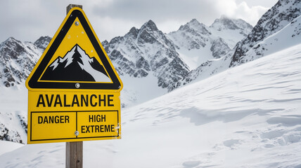 Avalanche warning sign indicating high danger in snowy mountains  