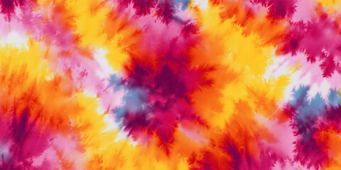 A vibrant, colorful, and unique tie-dye textile design. The design features a blend of bright hues and abstract patterns