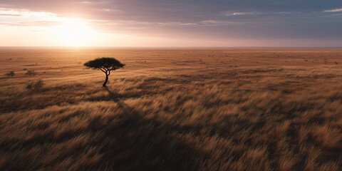 A lone tree standing under a wide expanse of beautiful landscape at sunset, the grass is the foreground
