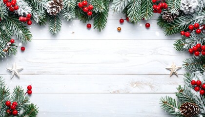 A festive arrangement of frosted pine branches, red berries, and pine cones framing a soft wooden background