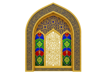 ornate islamic arch window with gold frame and stained glass