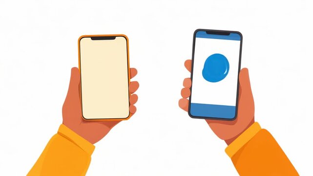 Two hands hold mobile phones as they show steps to share information. The phones change screens to show how to connect and send data easily