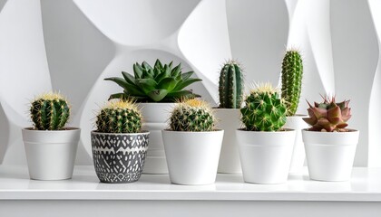 A stylish arrangement of various cacti and succulents in white pots on a sleek shelf against a backdrop