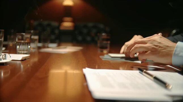 A person is working on a laptop at a large wooden conference table with papers and glasses.