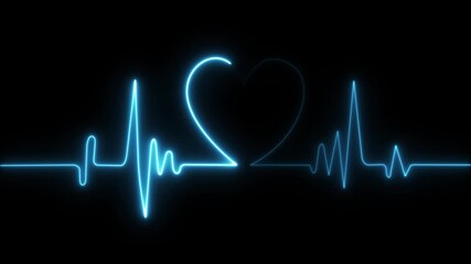 Neon Heart With Heartbeat Line Life Support neon abstract, analyzing, animation beat cardiac cardiogram, 4k video.