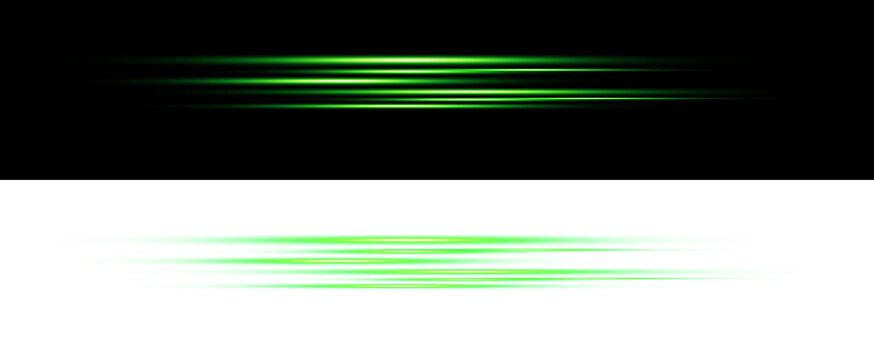 Abstract green glowing horizontal speed lines set with transparent background for motion effect design element futuristic neon light rays