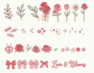 Cute Valentine's Day Floral Illustration Set with Roses, Bows, and "Love & Blooms" Typography
