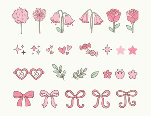Cute Pink Valentine's Day Illustration Set with Flowers, Bows, and Heart Sunglasses