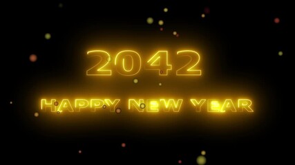 Abstract glowing neon Happy new year 2042 animation with dark background.Futuristic glowing neon Happy new year 2042 with smooth animated
