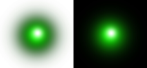 Green glowing light effect with radial gradient transparency and bright lime flare center isolated on transparent background for graphics