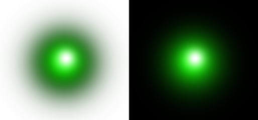 Green glowing light effect with radial gradient transparency and bright lime flare center isolated on transparent background for graphics