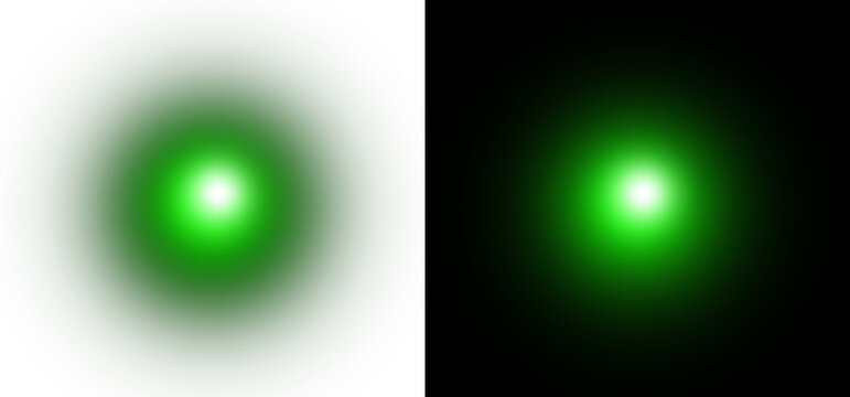 Green glowing light effect with radial gradient transparency and bright lime flare center isolated on transparent background for graphics