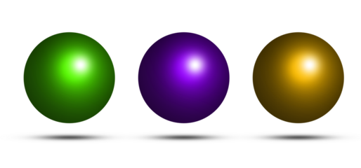 Three glossy spheres in vibrant colors green purple and gold showcasing realistic lighting and subtle textures against a transparent checkered background with shadows
